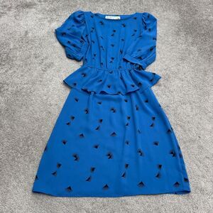 Vintage 80s John Richard California Peplum A-Line Midi Dress Womens 5/6 Blue Fan